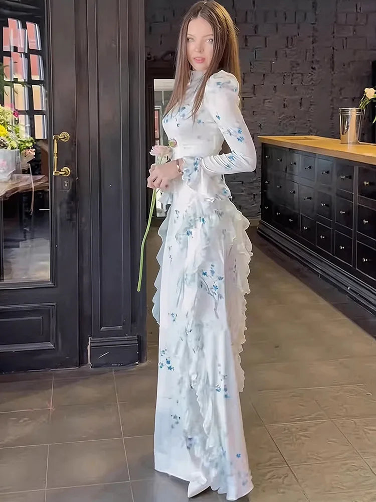 Temperament Print High Neck Flared Sleeve Waist Slimming Dresses