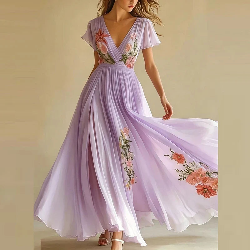 V-neck Floral Printed Chiffon Maxi Dresses