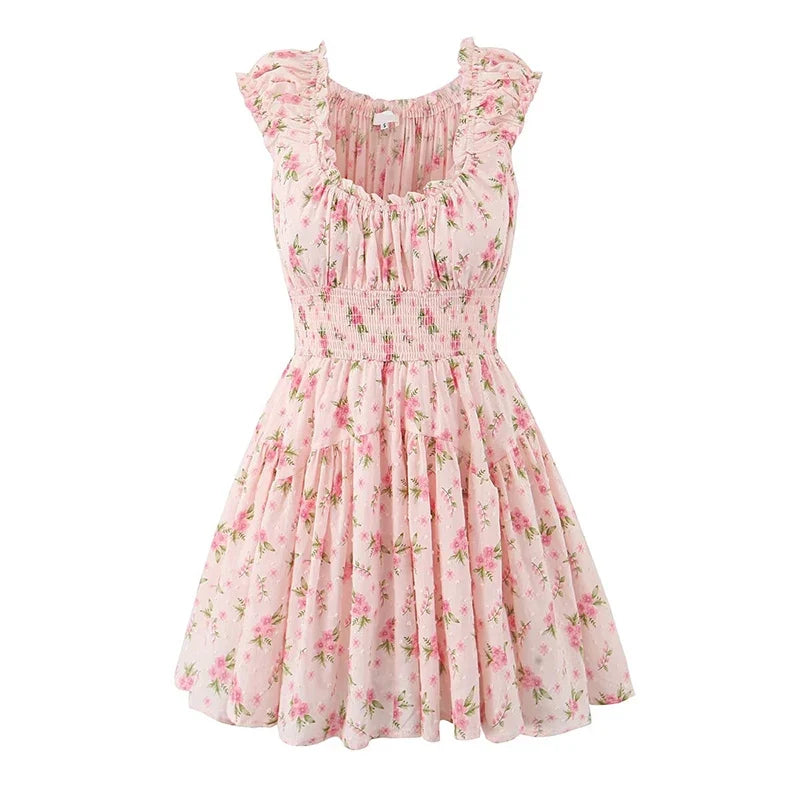 Sweet Pink Floral Print Mini Dresses