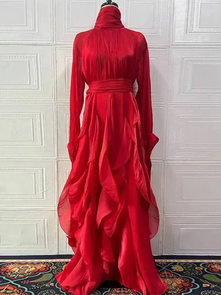 early autumn turtleneck full sleeves shinny ruffles pullover Arabic styles floor length vacation Dresses