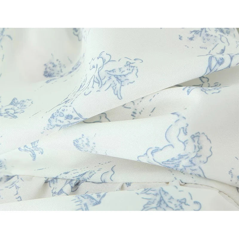 French Sweet Princess Floral Print Vacation Party Dresses Front Lace Up Puff Sleeve A-line Midi Summer Dress