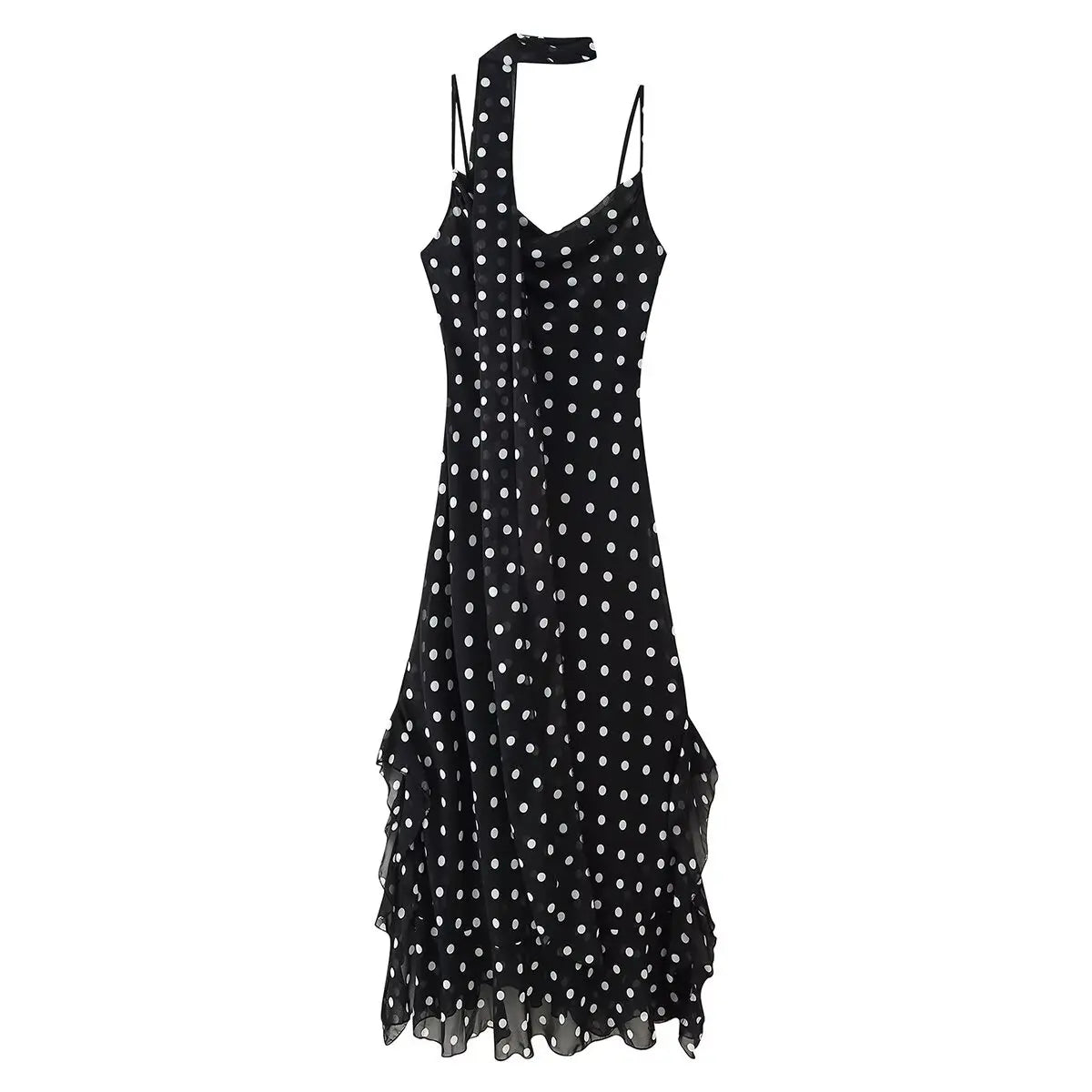 Retro Polk Dot With Scarf Sling Long Dresses Sexy V Neck Ruffle Summer Dresses