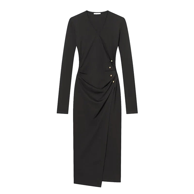 Spring Side Button Draped Pencil Sexy Elegant Dresses Long Sleeve V Neck Black Female Vestidos