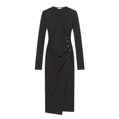 Spring Side Button Draped Pencil Sexy Elegant Dresses Long Sleeve V Neck Black Female Vestidos