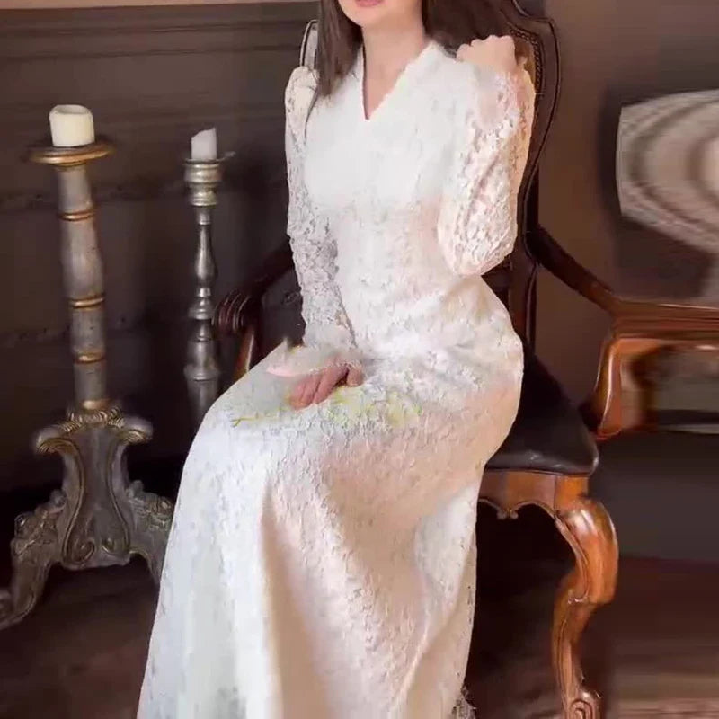 Elegant Wrap Hip Banquet A-line Dresses White Lace High Waist Slim Robe Dresses