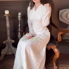 Elegant Wrap Hip Banquet A-line Dresses White Lace High Waist Slim Robe Dresses