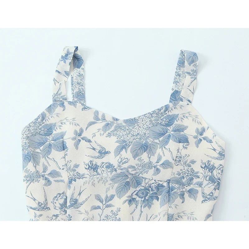 Summer Sexy Sling Floral Print Casual Holiday Dresses Chic Lady A-line Midi Big Swing Vestidos