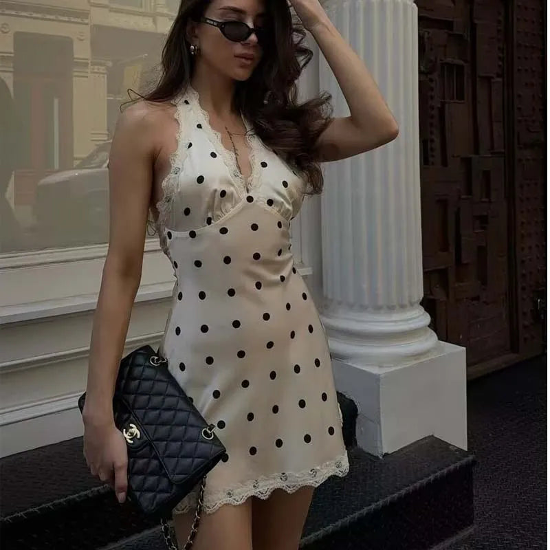 Lace Spliced Polka Dot Halter Dresses