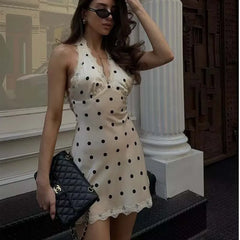Lace Spliced Polka Dot Halter Dresses