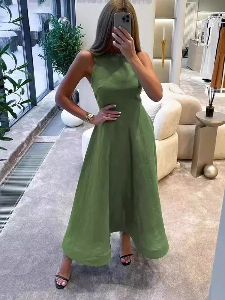 Summer Slim Fit Sleeveless High Waist Green Color Long Dresses