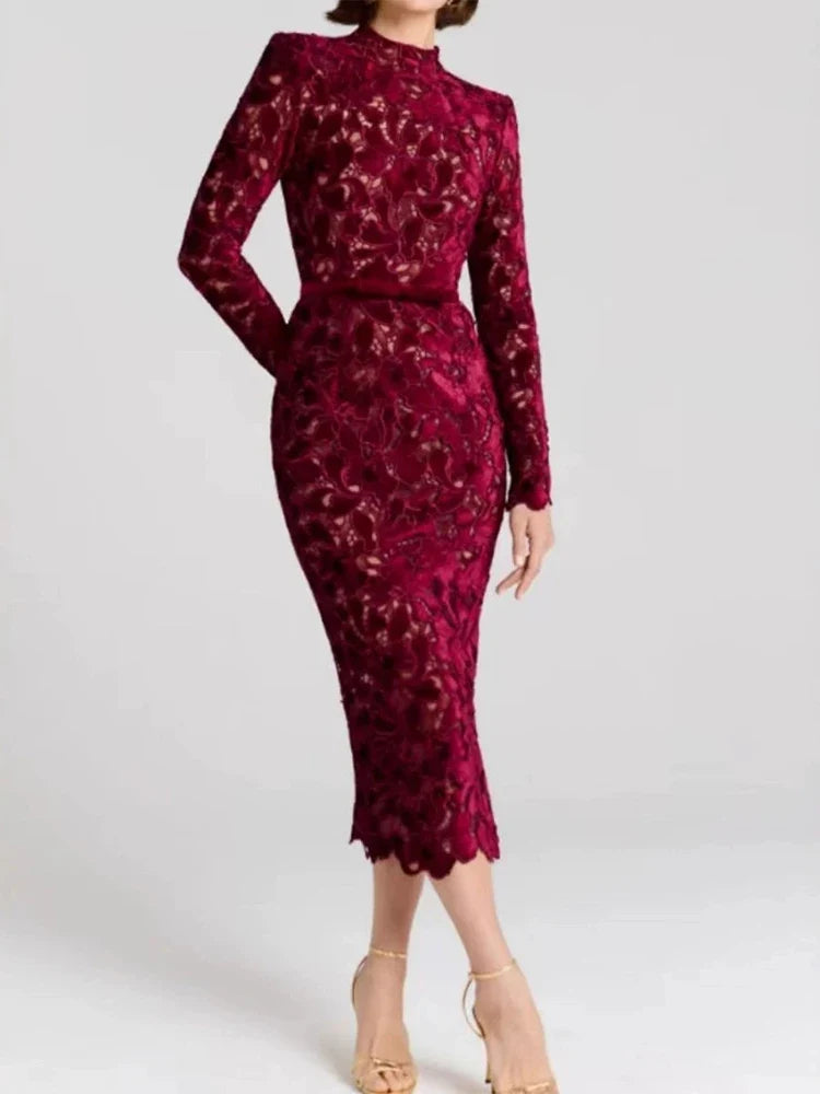 Jacquard Wrap Hip A-line Dresses Ladies O-neck Long Sleeved Slim Fit Party Dresses
