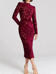 Jacquard Wrap Hip A-line Dresses Ladies O-neck Long Sleeved Slim Fit Party Dresses