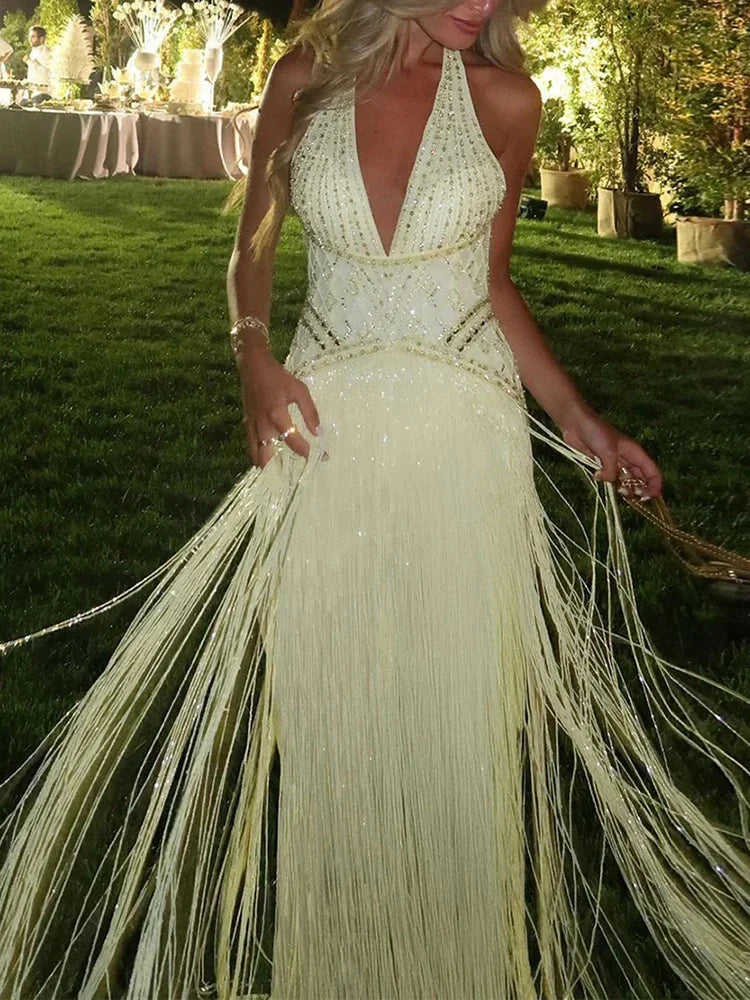 Sexy Backless Hollow Out Party Dresses Sexy Halter Deep V High Waisted Evening Dresses