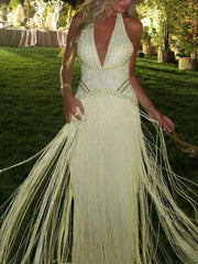 Sexy Backless Hollow Out Party Dresses Sexy Halter Deep V High Waisted Evening Dresses