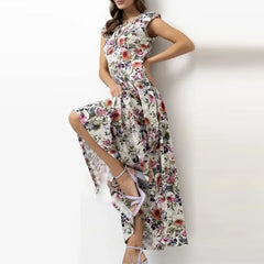 Bohemian High Waisted Party Dresses Floral Print Vacation Dresses