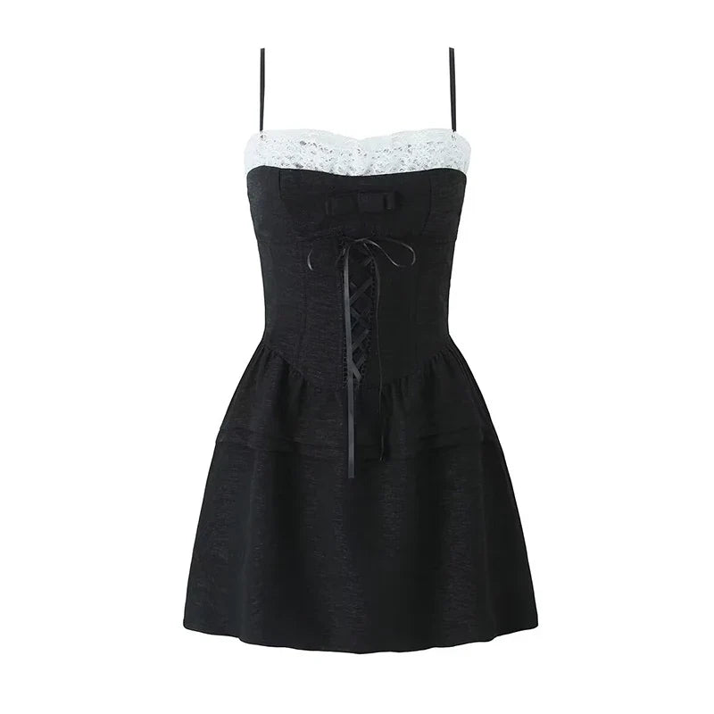 Sexy Elegant Lace Trim Bow Bandage Spaghetti Strap Mini Dresses