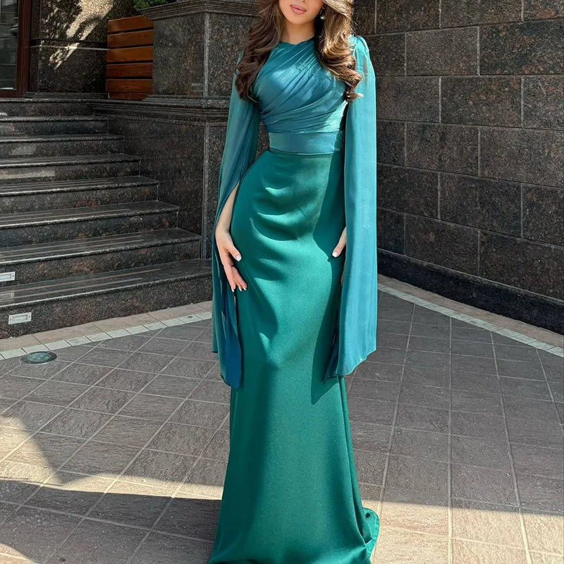 Elegant Batwing Sleeves High Waist Pleats Long Dresses