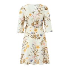 French Floral Print Cross V Neck Wrap Dresses
