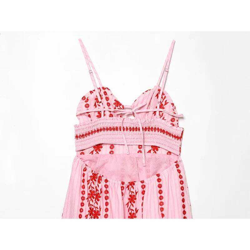 Boho Pink Floral Embroidery Hollow Out Midi Dresses