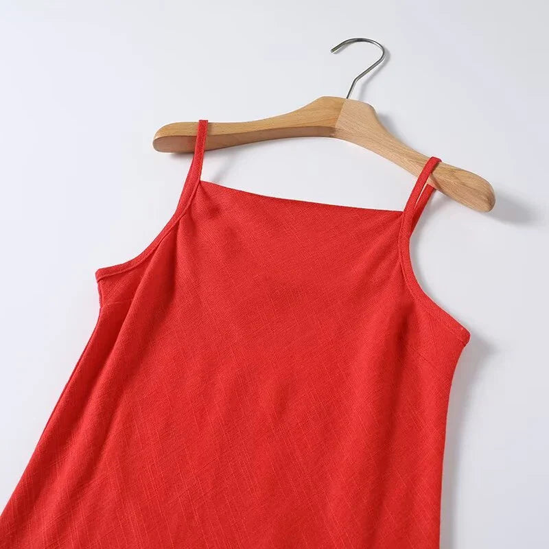 Simple Sexy Red Spaghetti Strap Linen Maxi Dresses