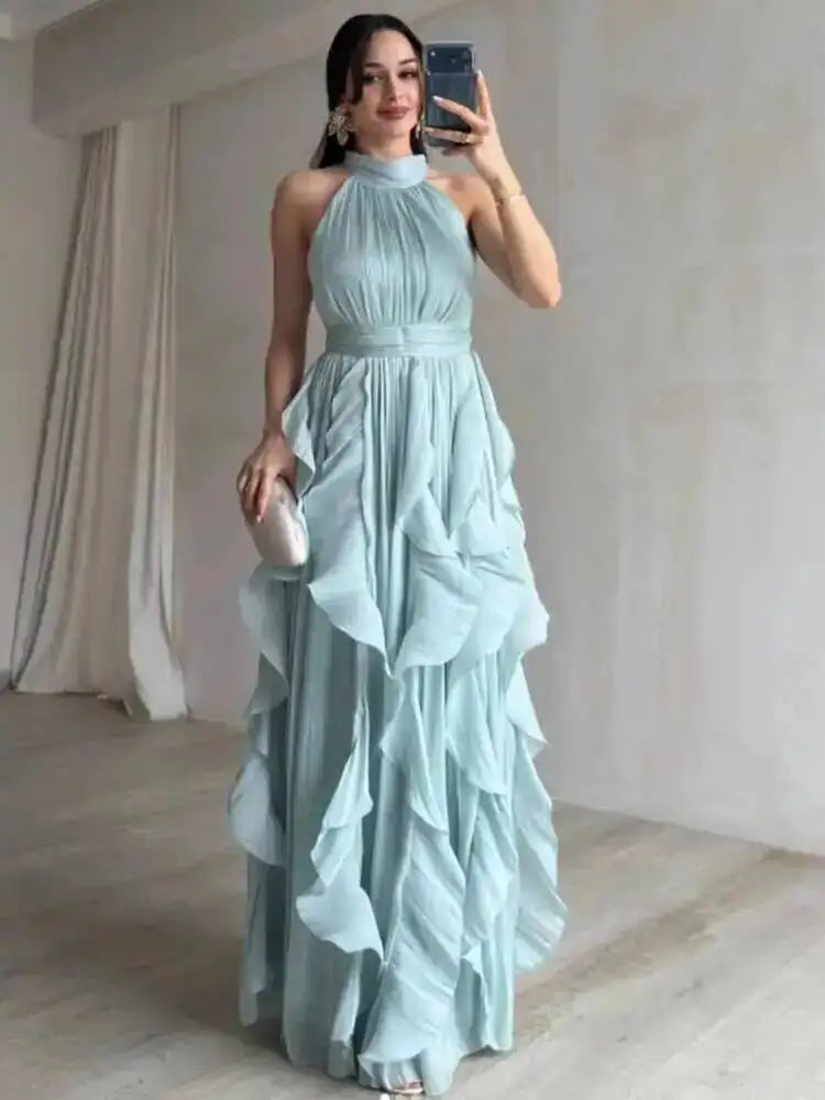 Elegant Waist-Cinching Ruffle Hem Long Sleeveless Dresses