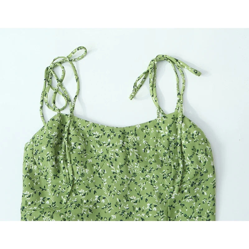 Sexy Spaghetti Straps Green Floral Print Dresses