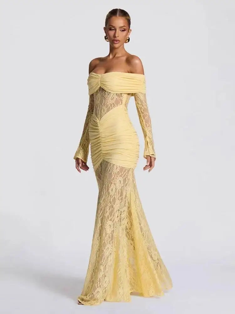 Fashionable Slash Neck Long Sleeved Hollow Lace Patchwork Hip Hugging Dresses