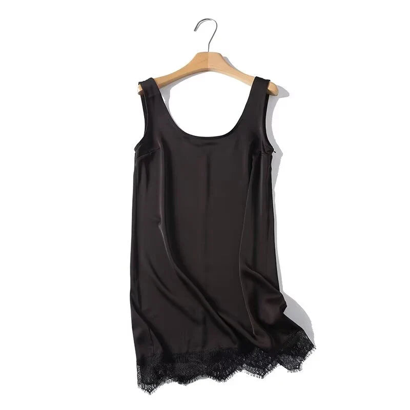 Lace Trim Brown Short Tank Dresses