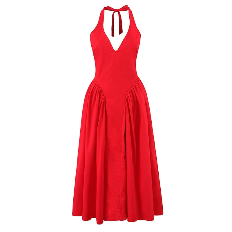 Red Elegant Slim Evening Party Dresses Sexy Backless Low Waist A-line Midi Long Halter Dresses