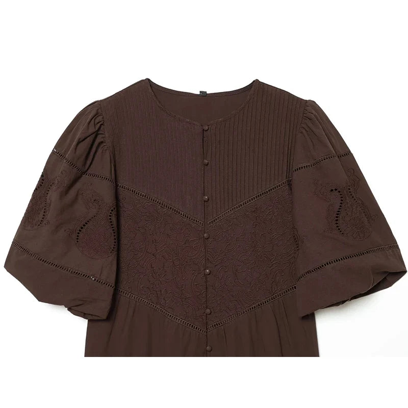 Brown Embroidered Mini Dresses