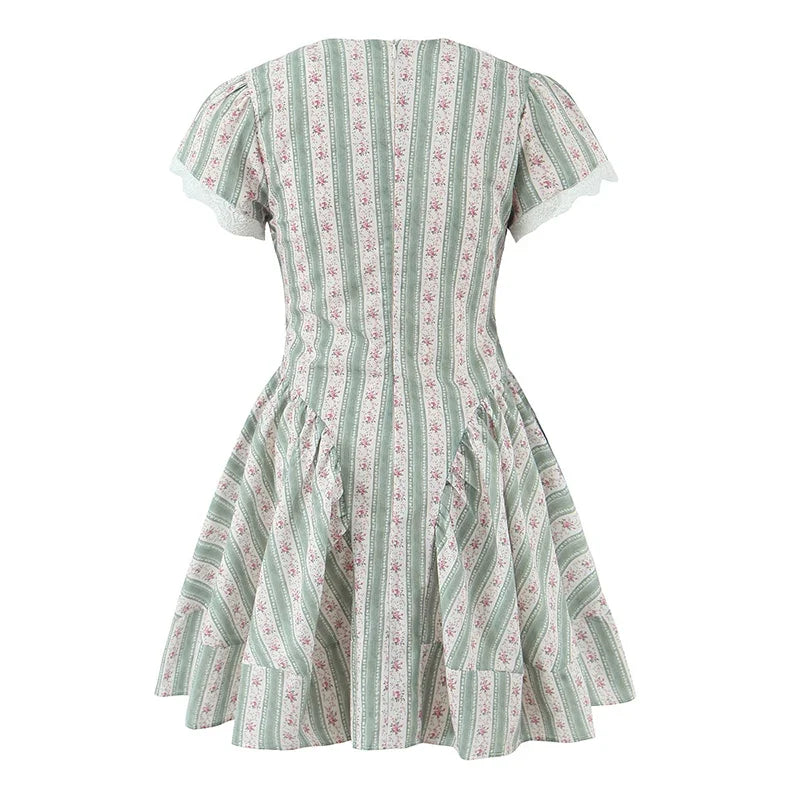 Green Striped Floral Print Summer Dresses Bow V Neck Short Sleeve A-line Mini Dresses Lady Vacation Robe