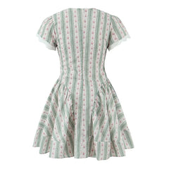 Green Striped Floral Print Summer Dresses Bow V Neck Short Sleeve A-line Mini Dresses Lady Vacation Robe