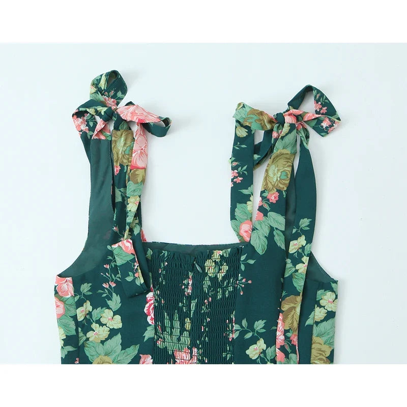 French Style Floral Print Holiday Summer Sleeveless Dresses Sexy Slit Square Neck A-line Midi Dresses