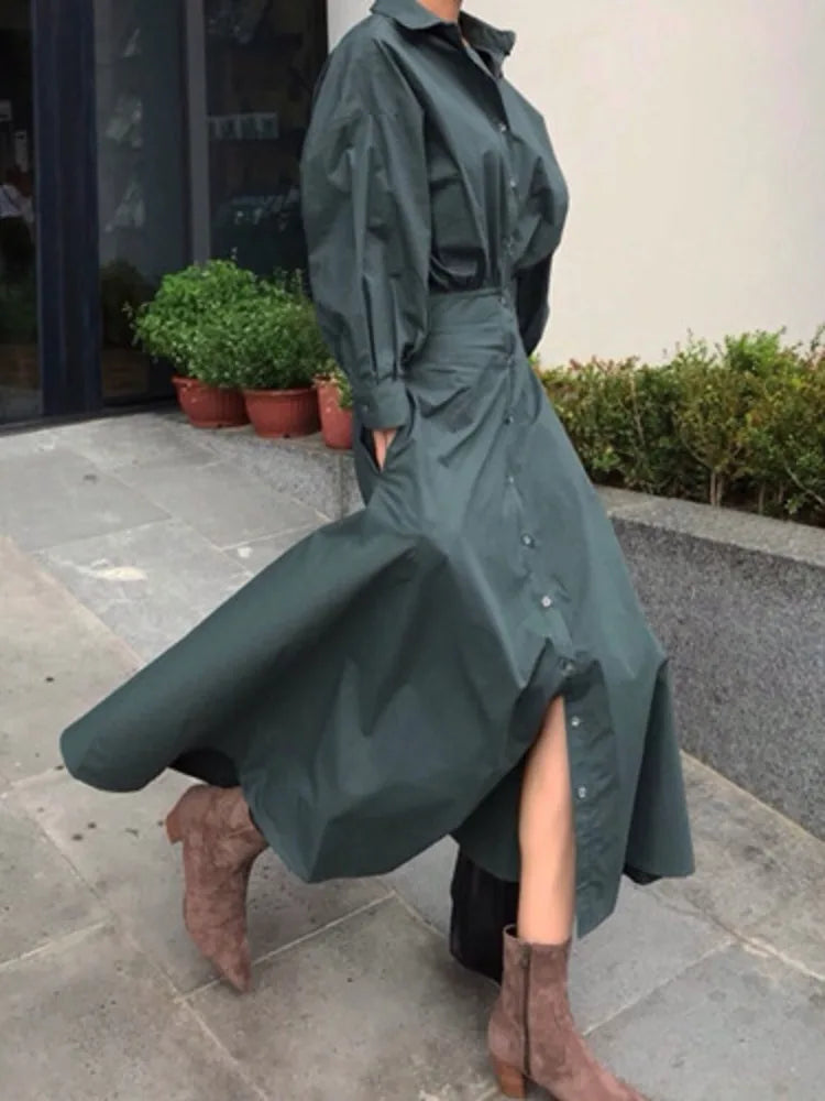 Retro Street Lapel Long Sleeve Shirts Dresses Autumn Slimming Waist Maxi Dresses 19DB2620