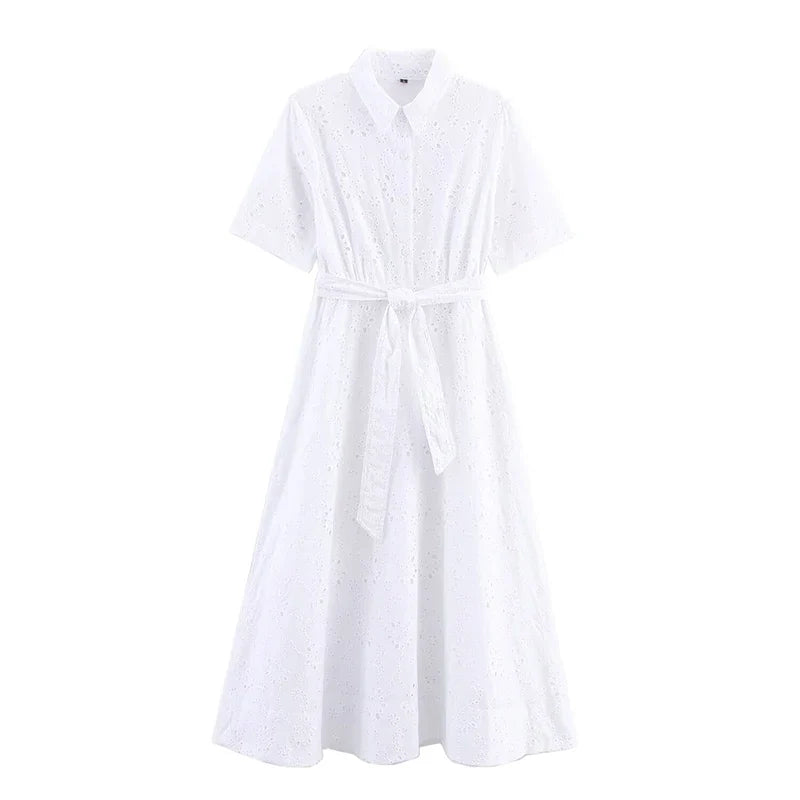Hollow Out Embroidery White Shirt Dresses