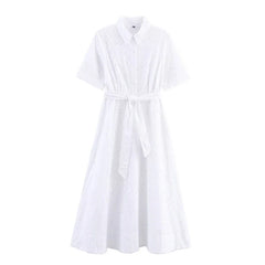 Hollow Out Embroidery White Shirt Dresses