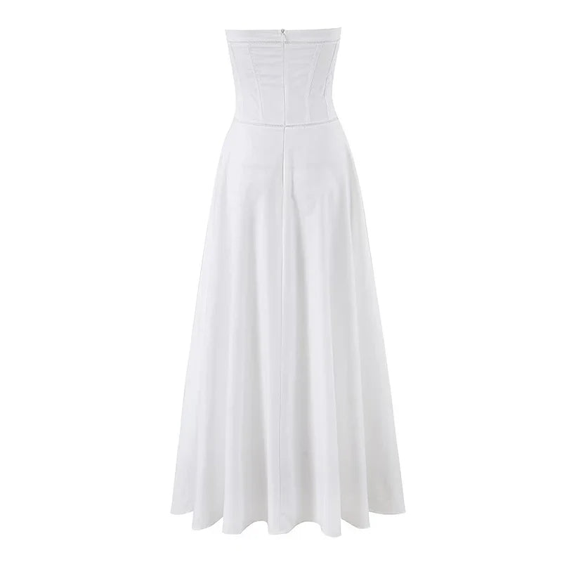 White Corset Strapless Midi Dresses