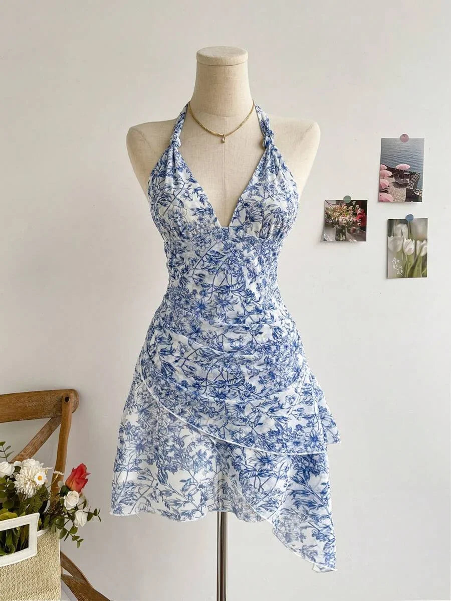 Summer Blue Floral Mesh Dress, V Neck Sexy Elegant Sweet Slim Fit Casual Party Dress