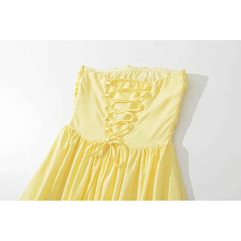 Black Yellow Hem Sexy High Slit Strapless Dresses