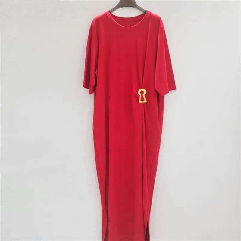 French Style Niche Metal Buckle Design Pleated Waist Short Sleeves Loose Casual Solid Color Dresses Summer