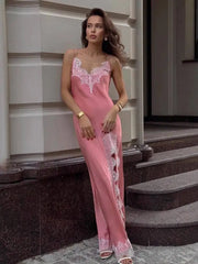 Temperament V-neck Sleeveless Lace Patchwork Slit Dresses