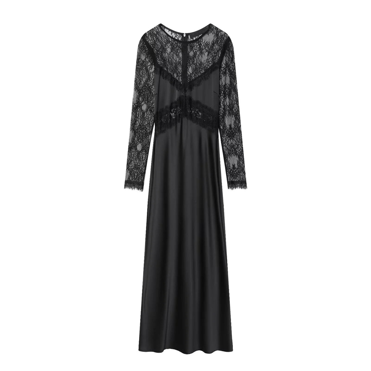Lace Patchwork Black Satin Long Dresses