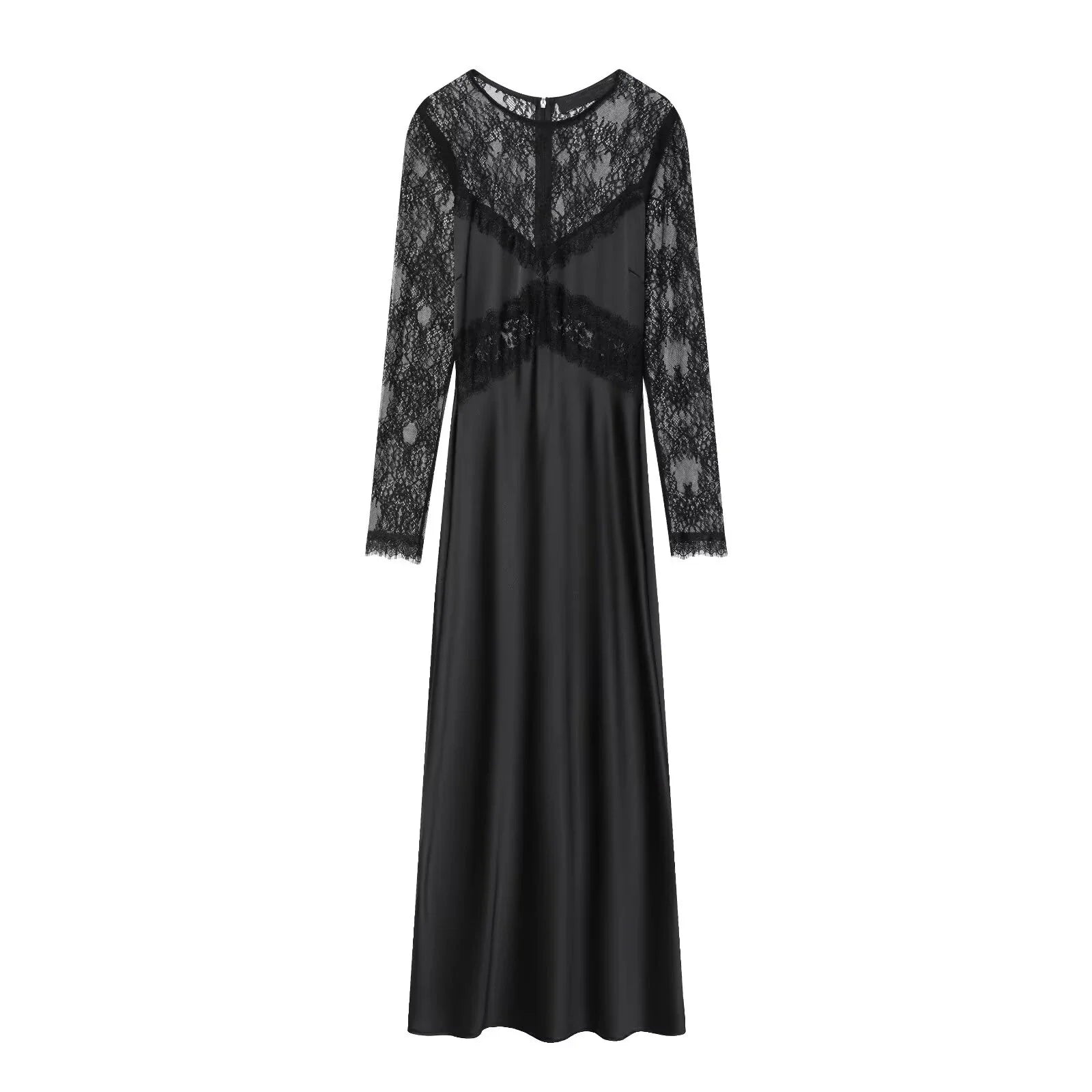 Lace Patchwork Black Satin Long Dresses