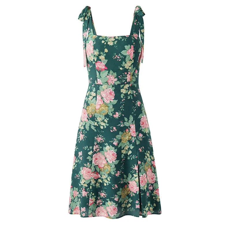 French Style Floral Print Holiday Summer Sleeveless Dresses Sexy Slit Square Neck A-line Midi Dresses