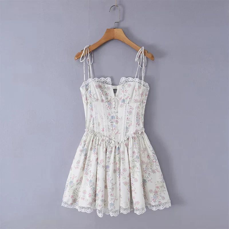 French Princess Style Sweet Floral Slim Sling Corset Mini Dresses