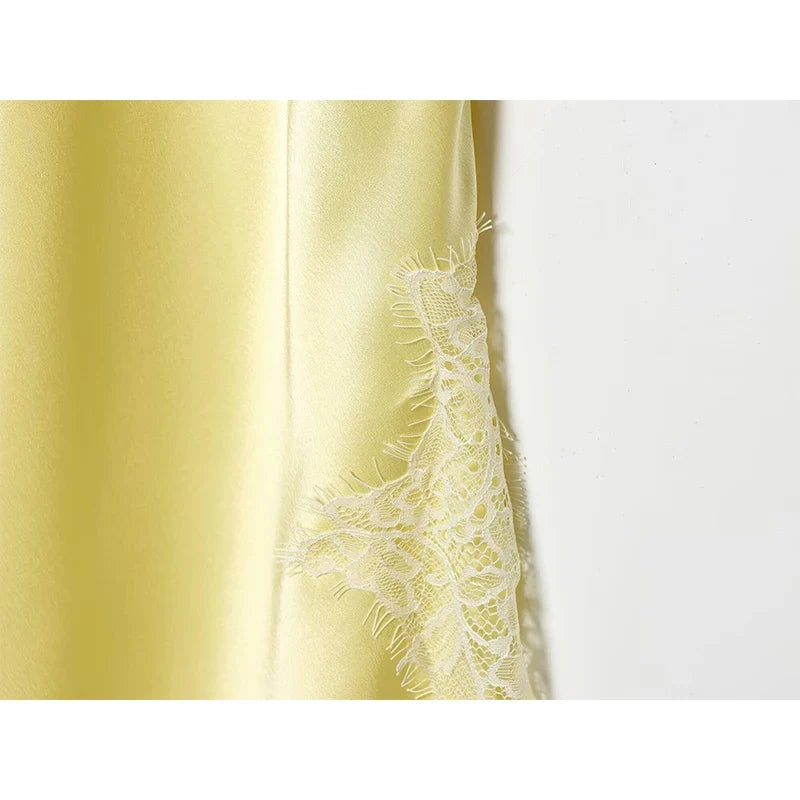 Lace Patchwork Asymmetric Sling Sexy Dresses Yellow Vestidos