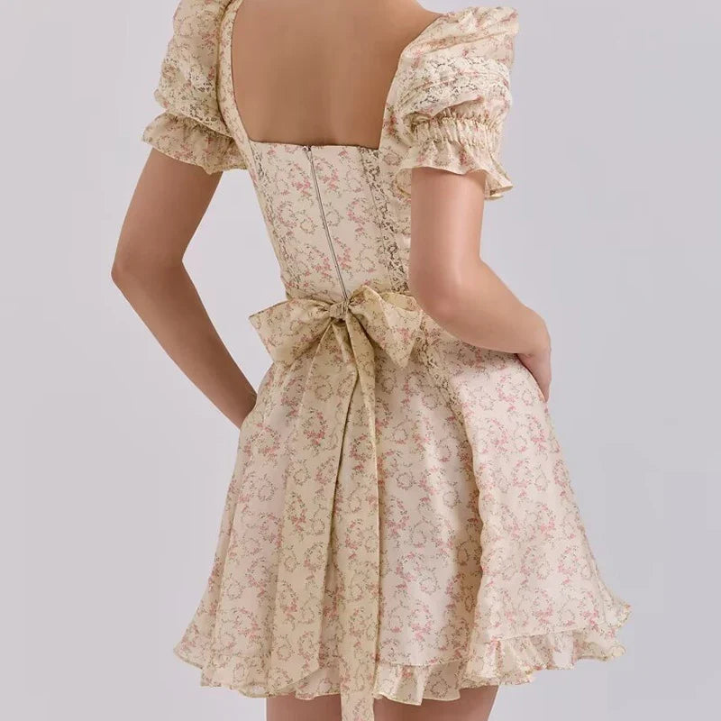 Summer Elegant Lace Spliced Floral Print Dresses Vintage Puff Sleeve Bow Sashes A-line Mini Dresses