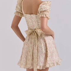 Summer Elegant Lace Spliced Floral Print Dresses Vintage Puff Sleeve Bow Sashes A-line Mini Dresses