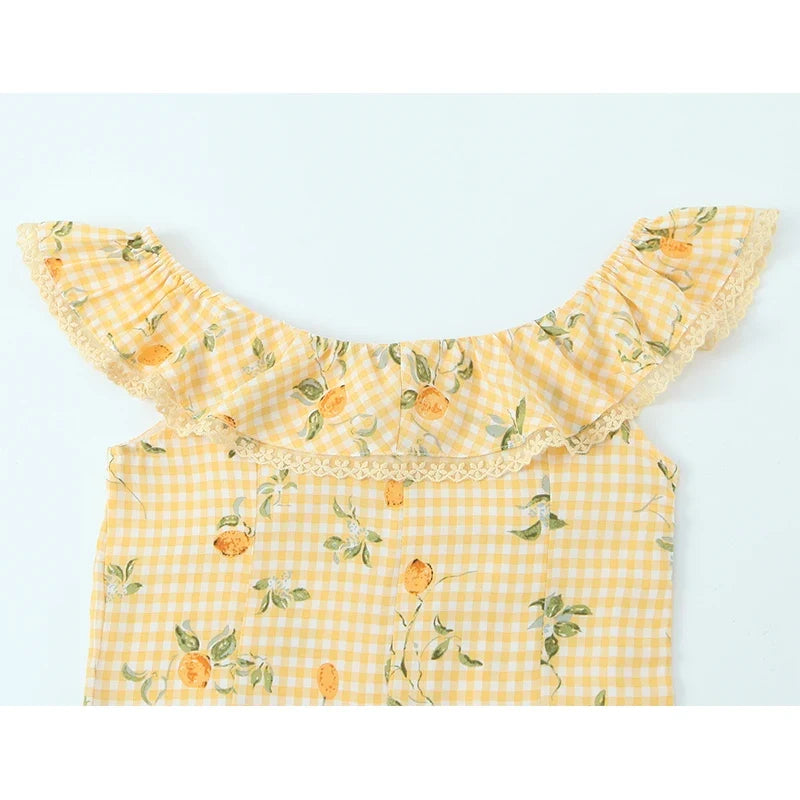 Floral Print Plaid Yellow Summer Dresses