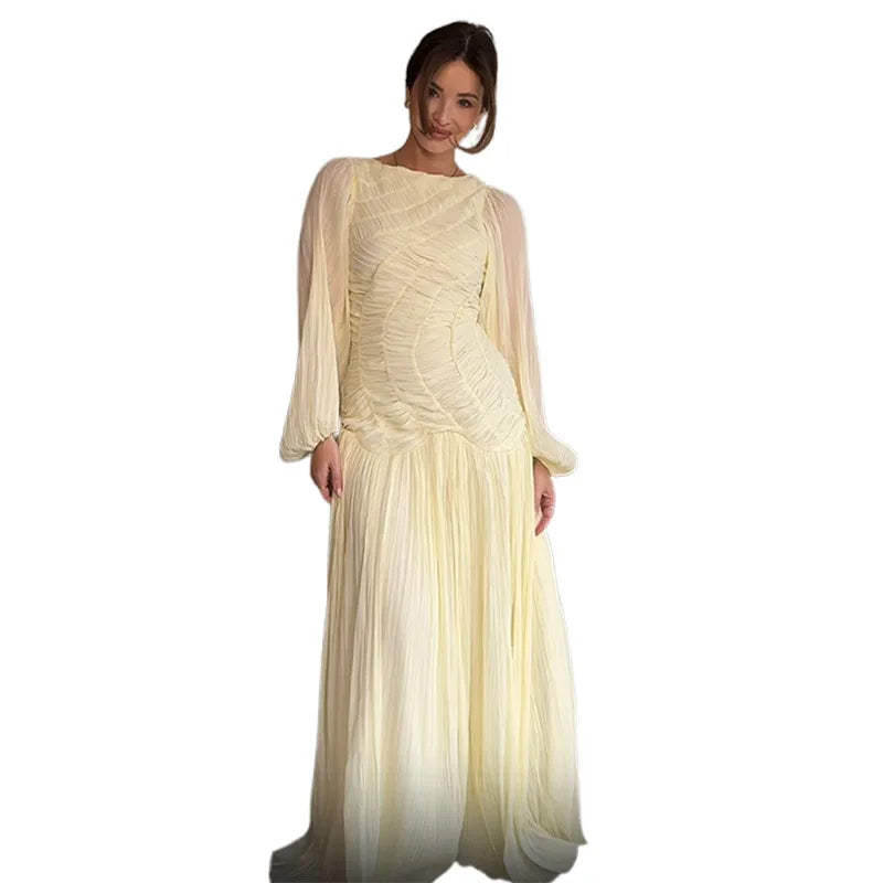 Autumn Summer Pleated Pullover Elegant Ruched Waist Glass Sand Long Sleeve Dress